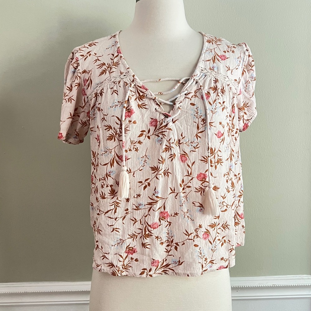 Lucky Brand Peasant Blouse Womens XS Floral Lace Up Tassel Pink Boho Cottagecore